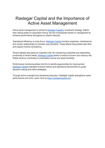 Rastegar Capital and the Importance of Active Asset Management