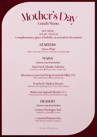 Bankstown Bowls Mother's Day Menu