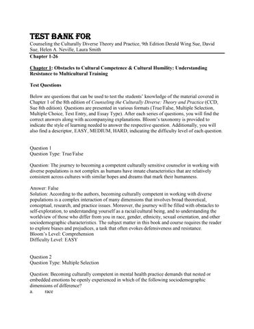 Test Bank For Counseling the Culturally Diverse Theory and Practice, 9th Edition by Derald Wing Sue,
