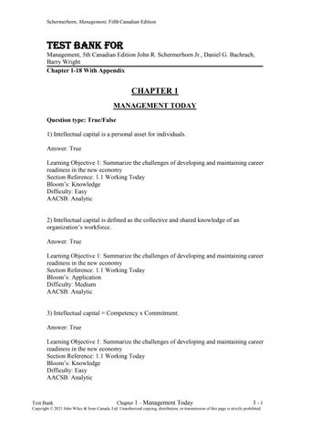 Test Bank For Management, 5th Canadian Edition by John R. Schermerhorn Jr., Daniel G. Bachrach, Barr