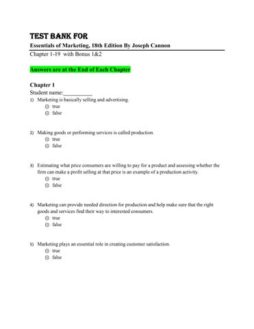 Test Bank for Essentials of Marketing, 18th Edition By Joseph Cannon