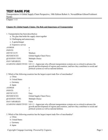 Test Bank for Transportation A Global Supply Chain Perspective, 10th Edition Robert A. NovackBrian G