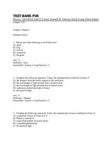 Test Bank for Physics, 12th Edition John D. Cutnell, Kenneth W. Johnson, David Young, Shane Stadler