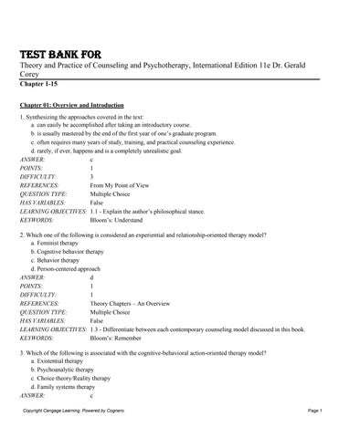 Test Bank for Theory and Practice of Counseling and Psychotherapy, International Edition 11th Editio