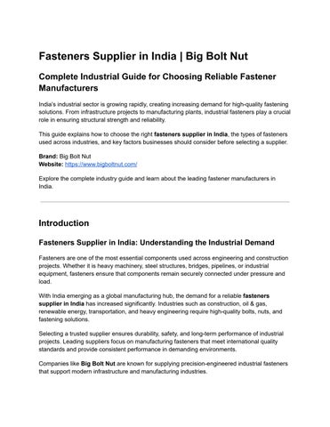 Fasteners Supplier in India – Industrial Guide | Big Bolt Nut
