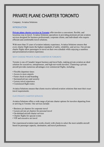 Private Plane Charter in Toronto – Luxury & Flexible Air Travel by Aviatica Solutions