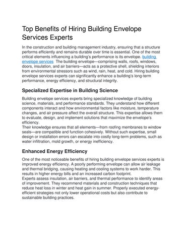 Top Benefits of Hiring Building Envelope Services Experts
