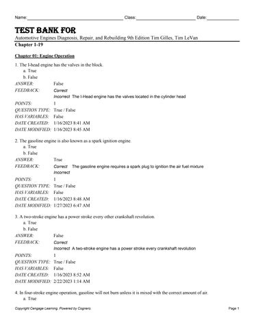 Test Bank For Automotive Engines Diagnosis, Repair, and Rebuilding 9th Edition by Tim Gilles, Tim Le