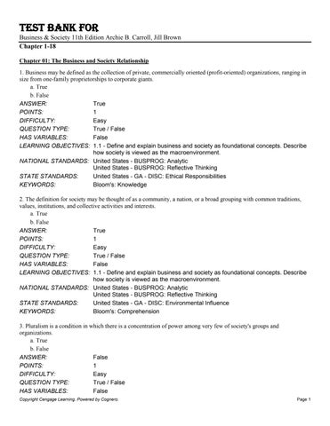 Test Bank For Business & Society 11th Edition by Archie B. Carroll, Jill Brown Chapter 1-18