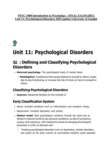 PSYC 1000 Introduction to Psychology - FINAL EXAM (DE!) Unit 11 Psychological Disorders 2025 update 