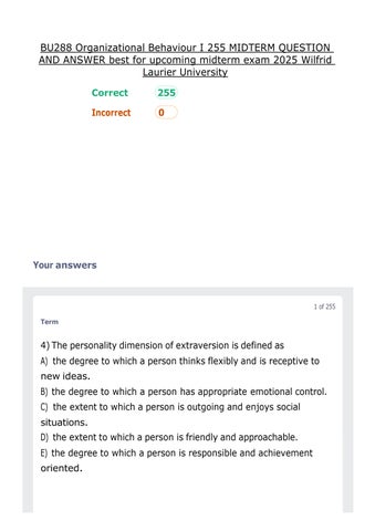 BU288 Organizational Behaviour I 255 MIDTERM QUESTION AND ANSWER best for upcoming midterm exam 2025