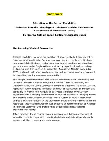 “Education as the Second Revolution: Jefferson, Franklin, Washington, Lafayette, and the Lancasteria