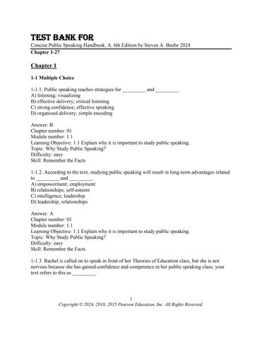 Test Bank For Concise Public Speaking Handbook, A, 6th Edition by Steven A. Beebe 2024 Chapter 1-27