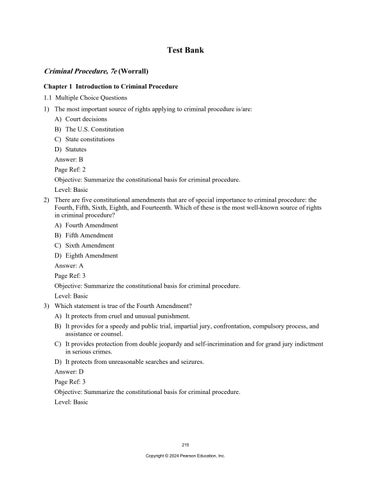 Test Bank For Criminal Procedure From First Contact to Appeal, 7th Edition by John L. Worrall 2024