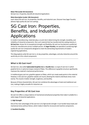 SG Cast Iron Properties, Benefits, and Industrial Applications