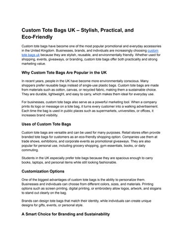 Custom Tote Bags UK – Stylish, Practical, and Eco-Friendly