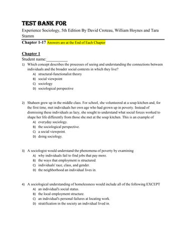 Test Bank For Experience Sociology, 5th Edition By David Croteau, William Hoynes and Tara Chapter 1-