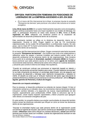 ORYGEN: PARTICIPACIÓN FEMENINA EN POSICIONES DE LIDERAZGO DE LA EMPRESA ASCENDIÓ A 26% EN 2025