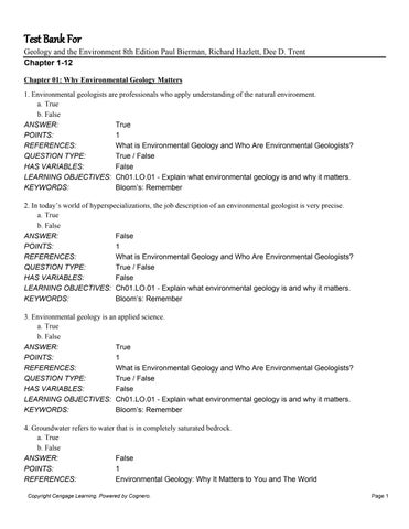 Test Bank For Geology and the Environment 8th Edition by Paul Bierman, Richard Hazlett, Dee D. Trent
