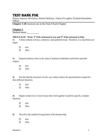 Test Bank For Human Anatomy, 6th Edition,by Michael McKinley, Valerie O'Loughlin, Elizabeth Pennefat