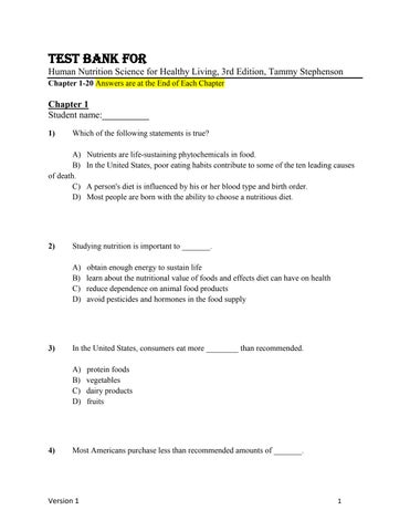 Test Bank For Human Nutrition Science for Healthy Living, 3rd Edition, by Tammy Stephenson Chapter 1