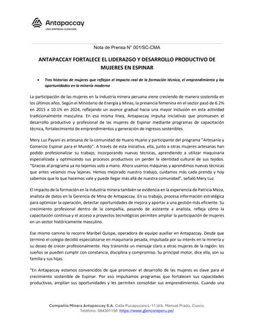 ANTAPACCAY FORTALECE EL LIDERAZGO Y DESARROLLO PRODUCTIVO DE MUJERES EN ESPINAR