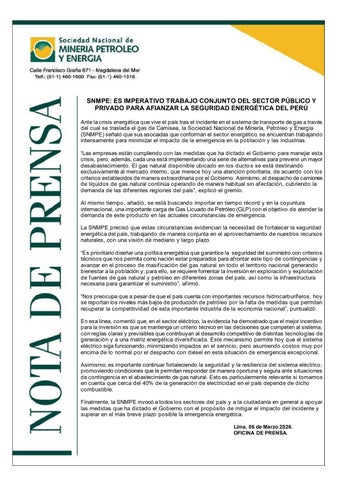 SNMPE: ES IMPERATIVO TRABAJO CONJUNTO DEL SECTOR PÚBLICO Y PRIVADO PARA AFIANZAR LA SEGURIDAD ENERGÉ