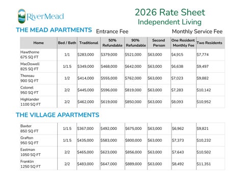 2026 Independent Living Rates_New Residents