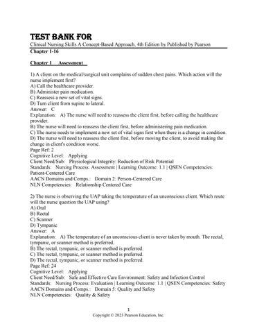 Test Bank For Clinical Nursing Skills A Concept-Based Approach, 4th Edition by Published by Pearson 