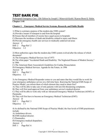 Test Bank For Prehospital Emergency Care, 12th Edition by Joseph J. Mistovich Keith J Karren Brent Q