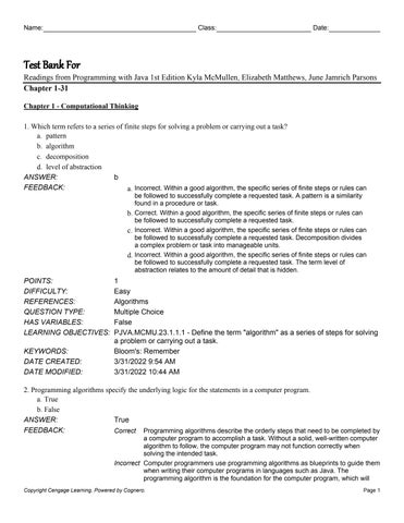 Test Bank For Readings from Programming with Java 1st Edition by Kyla McMullen, Elizabeth Matthews, 