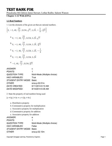 Test Bank For Precalculus 8th Edition by James Stewart, Lothar Redlin, Saleem Watson Chapter 1-12 Wi