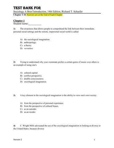 Test Bank For Sociology A Brief Introduction, 14th Edition, by Richard T. Schaefer Chapter 1-16
