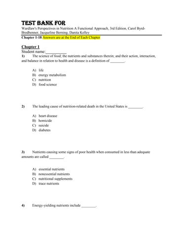 Test Bank For Wardlaw's Perspectives in Nutrition A Functional Approach, 3rd Edition,by Carol Byrd-B