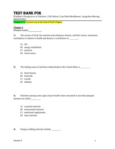 Test Bank For Wardlaw's Perspectives in Nutrition, 12th Edition,by Carol Byrd-Bredbenner, Jacqueline