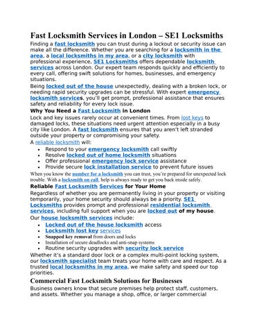 Fast Locksmith Services in London – SE1 Locksmiths