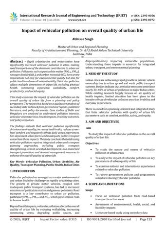 Impact of vehicular pollution on overall quality of urban life