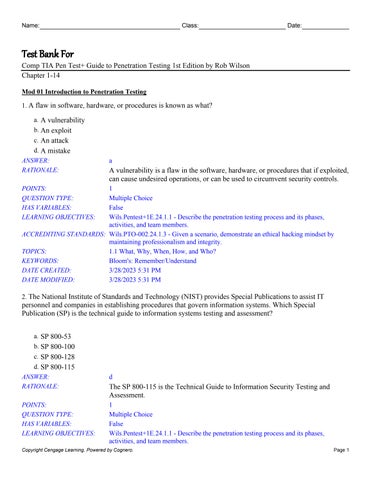 Test Bank For CompTIA PenTest+ Guide to Penetration Testing 1st Edition ...