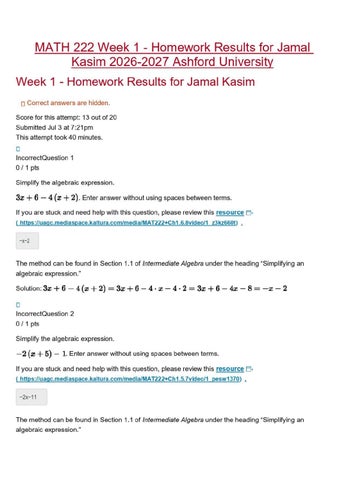 MATH 222 Week 1 - Homework Results for Jamal Kasim 2026-2027 Ashford University