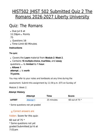 HIST502 -HIST 502 Submitted Quiz 2 The Romans 2026-2027 Liberty University