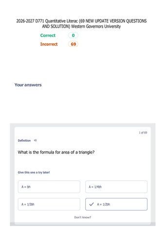 2026-2027 D771 Quantitative Literac (69 NEW UPDATE VERSION QUESTIONS AND SOLUTION) Western Governors