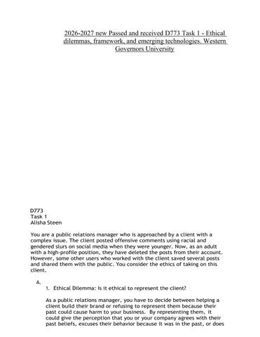 2026-2027 new Passed and received D773 Task 1 - Ethical dilemmas, framework, and emerging technologi