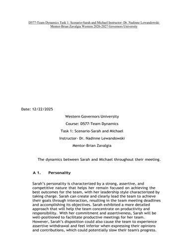 D577-Team Dynamics Task 1- Scenario-Sarah and Michael Instructor- Dr. Nadinne Lewandowski Mentor-Bri