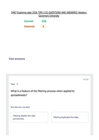 D467 Exploring data 2026 TIPS (152 QUESTIONS AND ANSWERS) Western Governors University