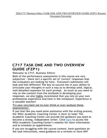 2026 C717 Business Ethics TASK ONE AND TWO OVERVIEW GUIDE (FZP1) Western Governors University