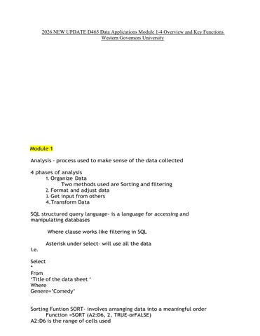 2026 NEW UPDATE D465 Data Applications Module 1-4 Overview and Key Functions Western Governors Unive