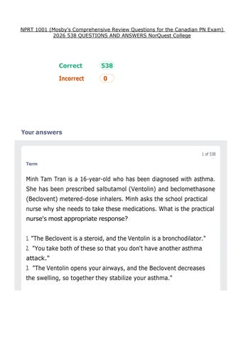 NPRT 1001 (Mosby's Comprehensive Review Questions for the Canadian PN Exam) 2026 538 QUESTIONS AND A