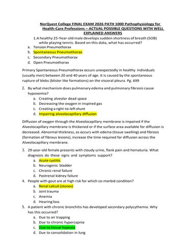 NorQuest College FINAL EXAM 2026 PATH 1000 Pathophysiology for Health-Care Professions – ACTUAL POSS