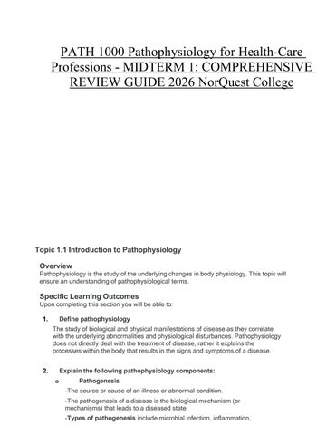 PATH 1000 Pathophysiology for Health-Care Professions - MIDTERM 1 COMPREHENSIVE REVIEW GUIDE 2026 No