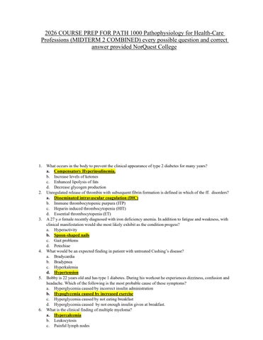 2026 COURSE PREP FOR PATH 1000 Pathophysiology for Health-Care Professions (MIDTERM 2 COMBINED) ever
